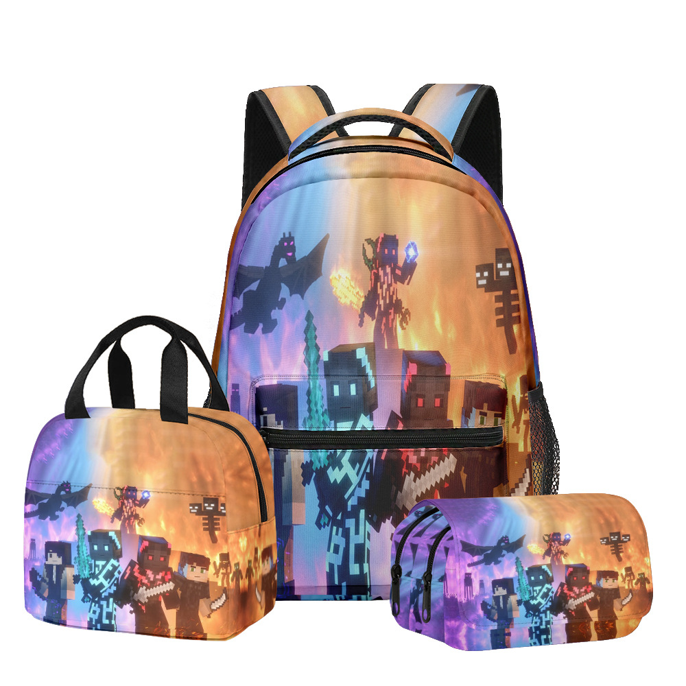 Nuevo producto 3D My World Minecraft mochila de estudiantes de primaria y secundaria bolsa de almuerzo bolsa de bolígrafo doble tres piezas set