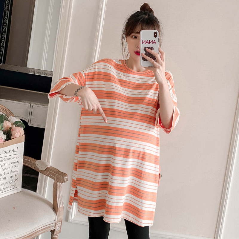 Pregnant Women's Summer Dress 2022 New Mid-length Striped T-shirt Top Fashion Trendy Mom Pregnant Women's Dress Summer Dress