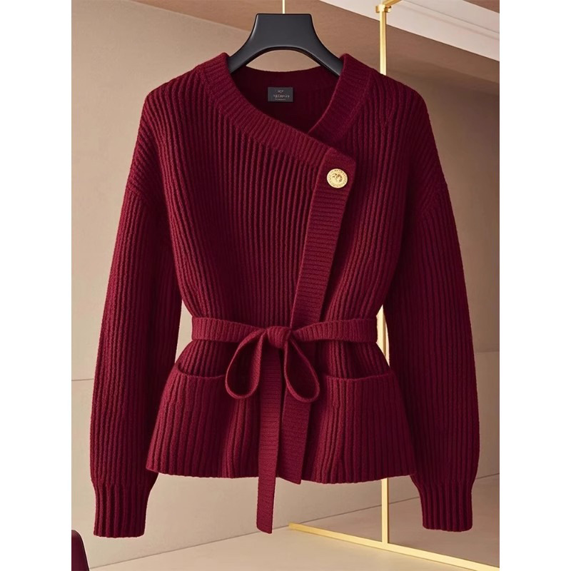 Red Crewneck Tight Waist Lace-up Knitted Cardigan Women's Autumn and Winter High-end Light Mature Elegant Loose Slim Sweater Top