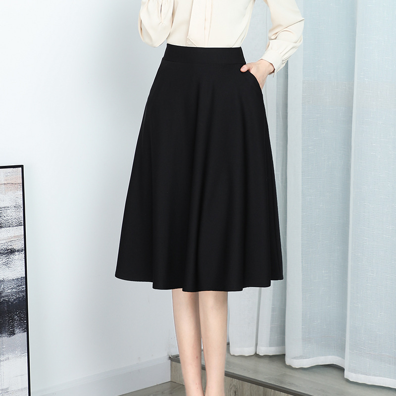 Spring and Autumn Mid-length Sun Skirt High Waist Skirt Stretch Slim Large Skirt Elastic Waist Pocket Pleated Skirt Women's Black Skirt Spring and Autumn Mid-length Sun Skirt High Waist Skirt Stretch Slim Large Skirt Elastic Waist Pocket Pleated Skirt Women's Black Skirt
