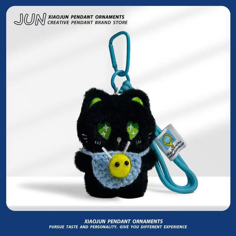 Super lindo gato negro lindo muñeca de peluche tejido bolso de mano pequeña abeja bolso de cuerda de mano colgante llavero colgante