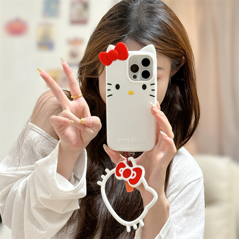 Cartoon Bow Big Face Kt Cat Suitable for Iphone17Promax Mobile Phone Case 13 Apple 15 Silicone Bracelet 16