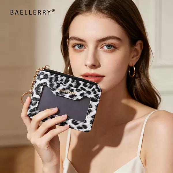 New women's leopard print key card holder, multifunctional zipper coin purse, mini portable card holder, PU small card holder