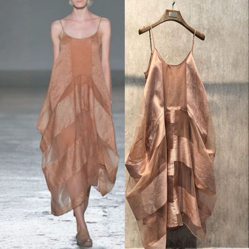 Um Dark Niche New Chinese-Style Designer Holiday-Style Distressed Irregular Patchwork Spaghetti Strap Dress
