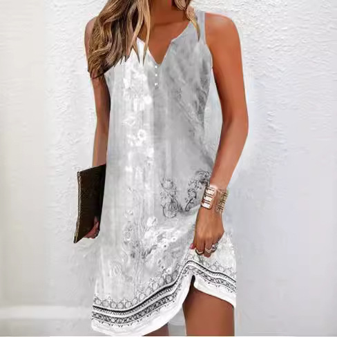 Floral Button Casual A-line Skirt Sleeveless V-neck Dress for Women