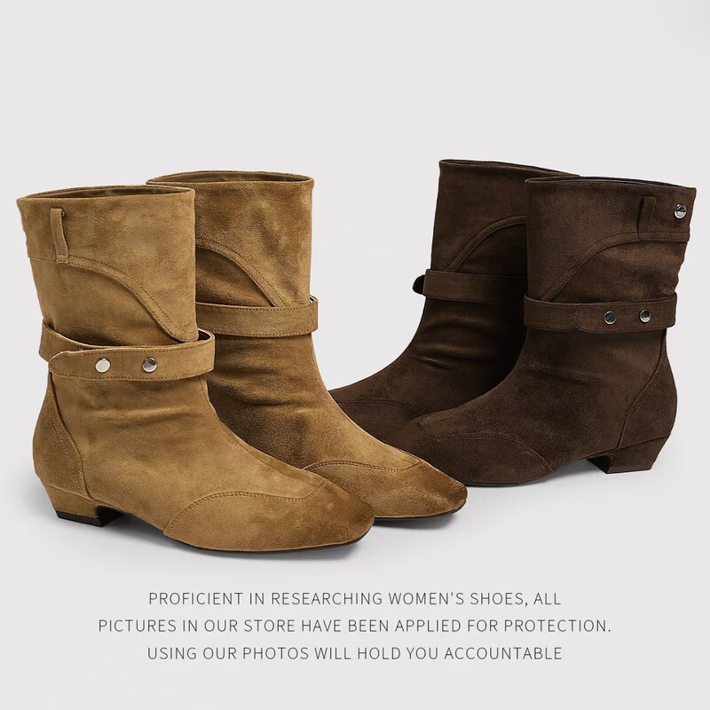 Dudu Home~ Watching the Mountains and Rivers! Belt Buckle Retro Square Toe Mid-Calf Boots Slip-On Thick Heel Western Cowboy Boots