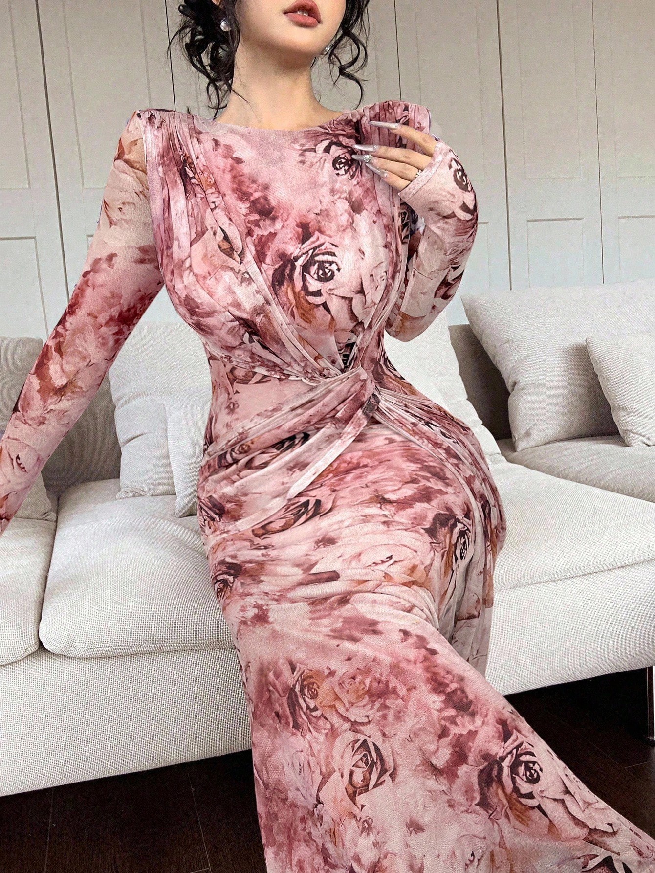 Summer Women's U Neck Long Sleeve Patchwork Slim Fit Printed Maxi Dress_ecoleips.com