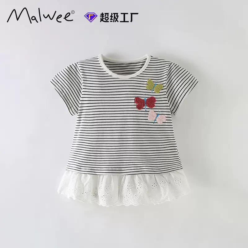 跨境malwee女童条纹T恤夏季新款可爱小女孩圆领短袖欧美中小童衣