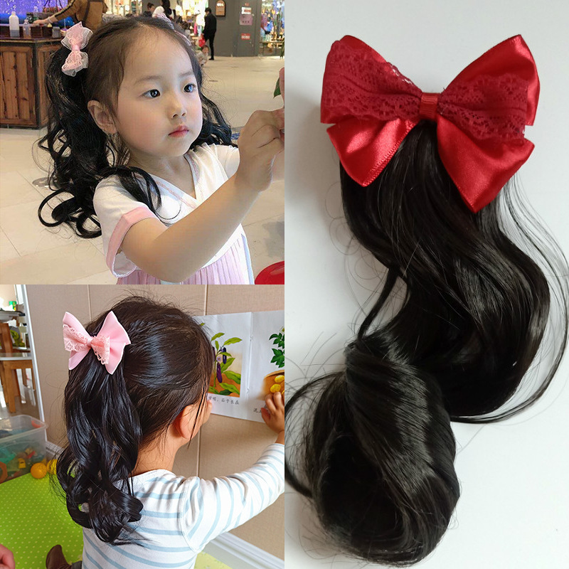 Children's bow wig ponytail girls duckbill clip short high temperature silk roll ponytail headwear manufacturers in stock wholesale Children's bow wig ponytail girls duckbill clip short high temperature silk roll ponytail headwear manufacturers in stock wholesale