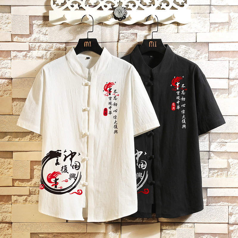 Chinese style men's short-sleeved cotton and linen printed shirt, plus size pure cotton shirt for men.