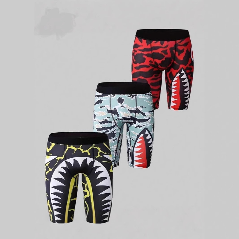 Fun Trendy Camouflage Shark 3D Digital Printing Men's Sexy Low-waisted Slim-fit Skin-friendly Flat-angle Mid-length Swim Trunks