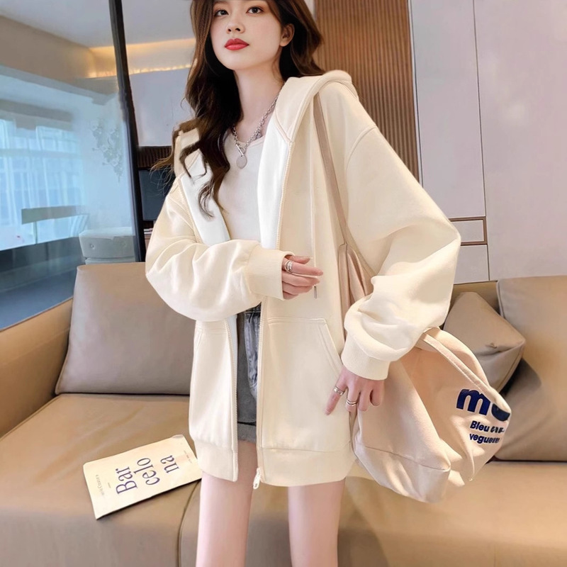 Shandong Jimo Off-White Hooded Sweatshirt for Women, New Winter Vintage Style, Lazy Style Cardigan for Middle School Students