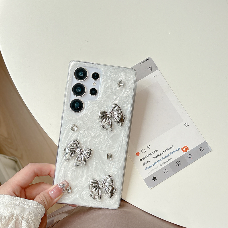 サムスン S25 ウルトラ接着剤グリッター携帯電話ケース S24 リボン S23 愛立体 A55 韓国インに適しています|undefined