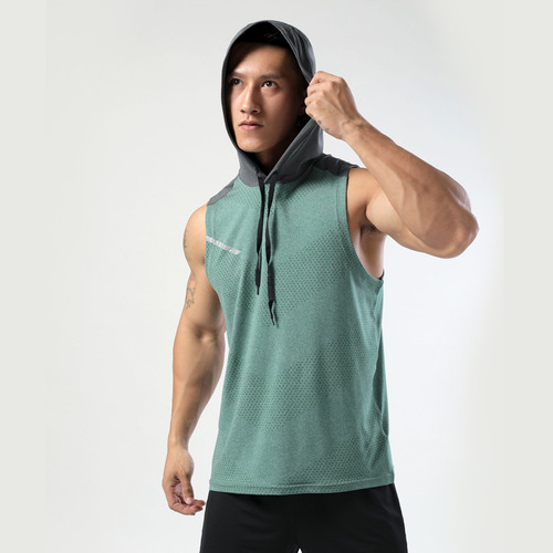 Adult Hooded Sleeveless T-Shirt Men Striped Sporty Casual Quick-Dry Top Fitness Running Backless Shirt