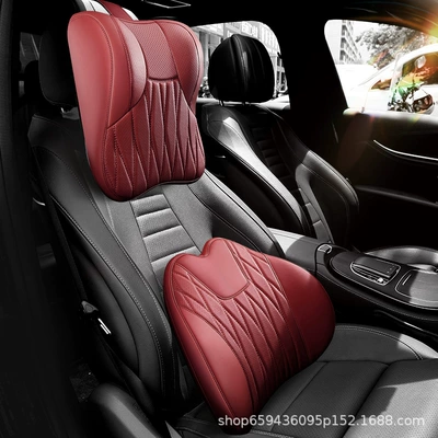 Headrest Pillow, Seat Cushion, Leather - burgundy-headrest-and-lumbar-support-set-genuine-leather-c-style-quilted-embroidery-upgrade-3d-full-support