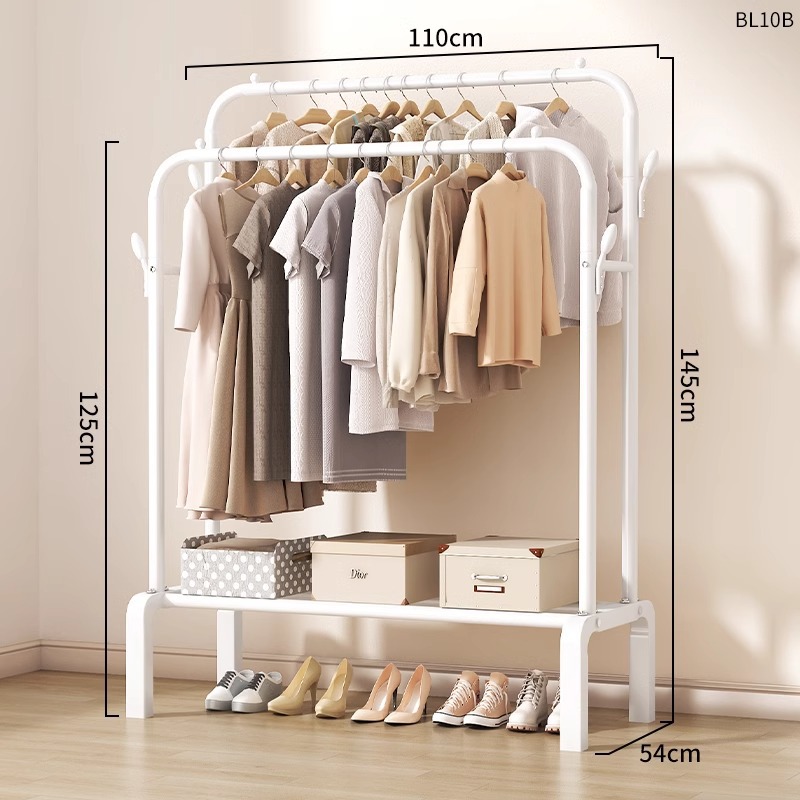 110cm 흰색 [이중 극 + 단층 수납 + 코트 후크] 두꺼운 파이프 직경