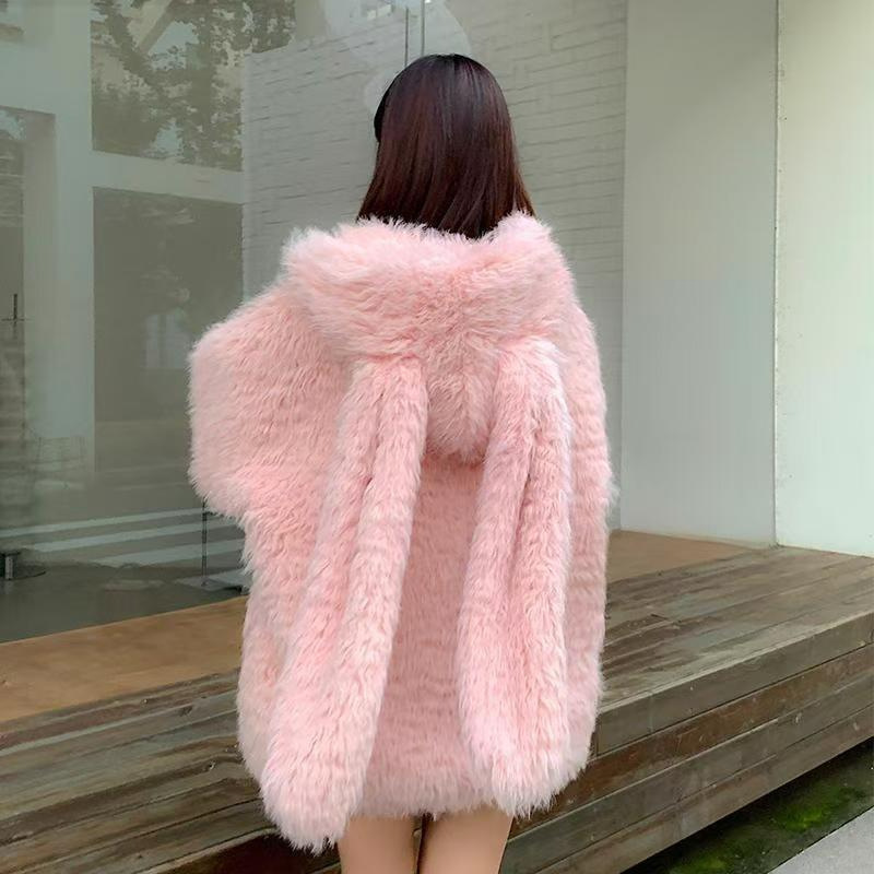 Cute Rabbit Ears Anti-Lamb Velvet Coat Women's Autumn and Winter New Sweet Loose Thickened Hooded Sweater Trendy Outer Wear