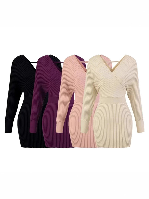 Elegant V-Neck Off-Shoulder Long-Sleeve Knit Dress for Women, Autumn Season, Slim Fit, Petite, Waist-Cinching, Bodycon Dress Elegant V-Neck Off-Shoulder Long-Sleeve Knit Dress for Women, Autumn Season, Slim Fit, Petite, Waist-Cinching, Bodycon Dress
