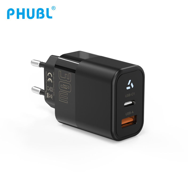 Transfronterizo PD30W Cargador de nitruro de gallio Euro A + C de doble puerto de teléfono móvil placa de carga rápida CE Certificado cabeza de carga personalizada