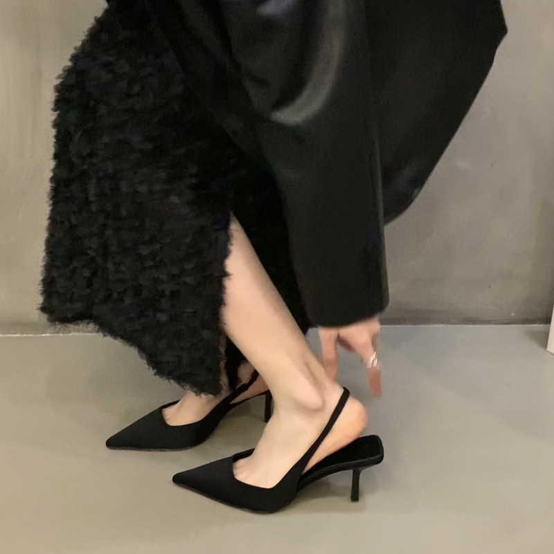 Black High Heels Women's 2024 Spring New Arrival Little French Korean Style Single-layer Shoes with Skirt Pointed Toe Stiletto Sandals