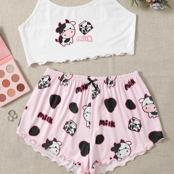 Cross-border in stock knitted vest suspenders with different patterns printed comfortable thin women's home pajamas suit