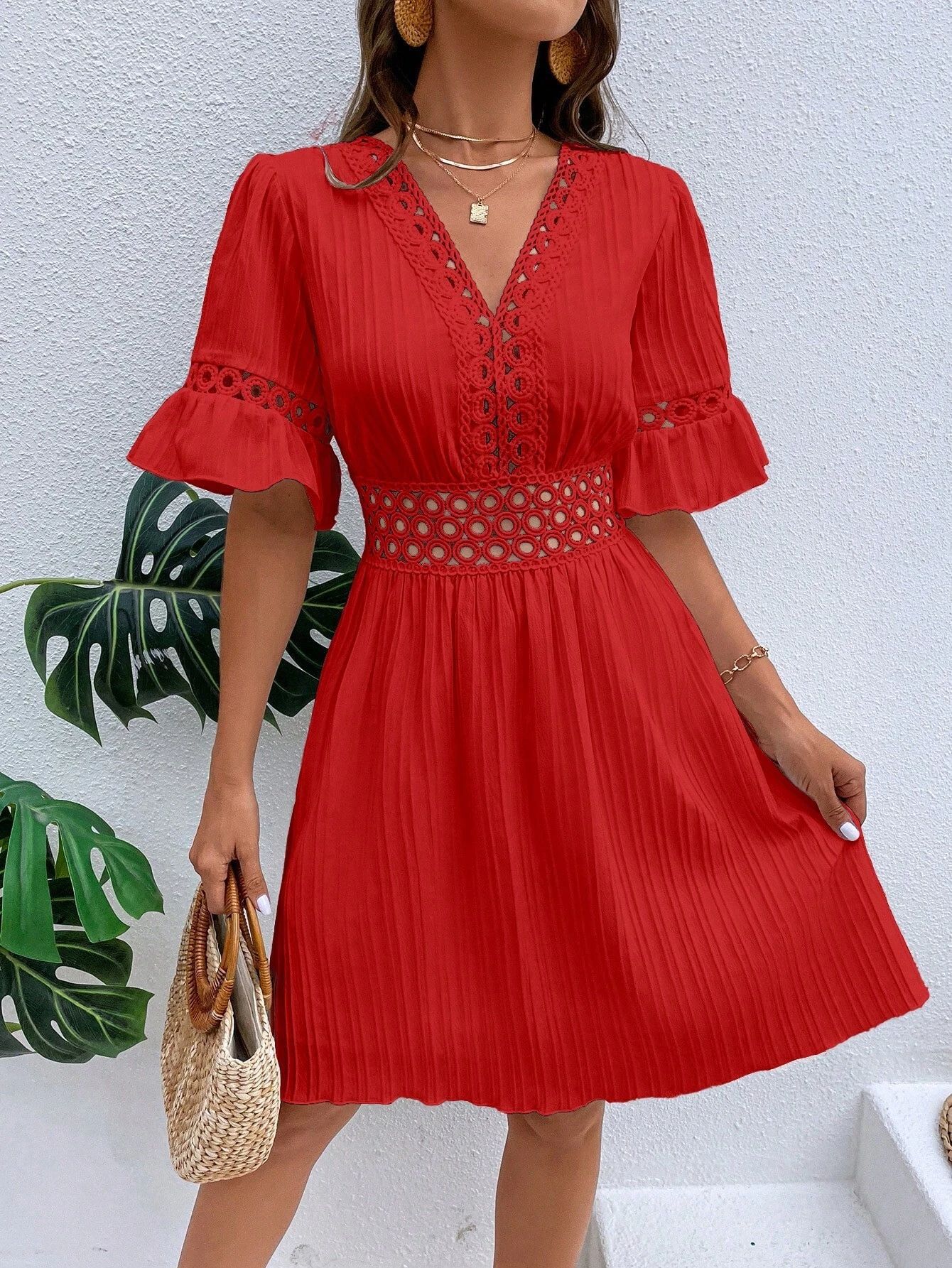 277g Weight Knee-Length Dress Length Type Half Sleeve Sleeve Length Regular Dress Dresses Type Bell Sleeve Sleeve Type Polyester Fabric Type High Waist Waist Line Holiday, Daily Occasion V Neck Neckline Slim Fit Type Solid Color Pattern Summer Season Women's Gender Lace Design Elegant, Streetwear Style Wholesale Women's Elegant Streetwear Lace Solid Color Holiday Daily V Neck Half Sleeve Regular Dress 10