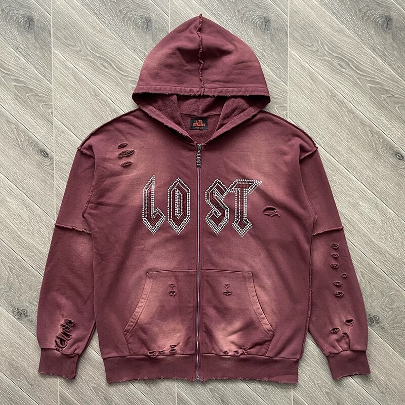 Lost intricacy Hoodies 镶钻洗水破洞休闲拉链连帽卫衣长裤套装|undefined
