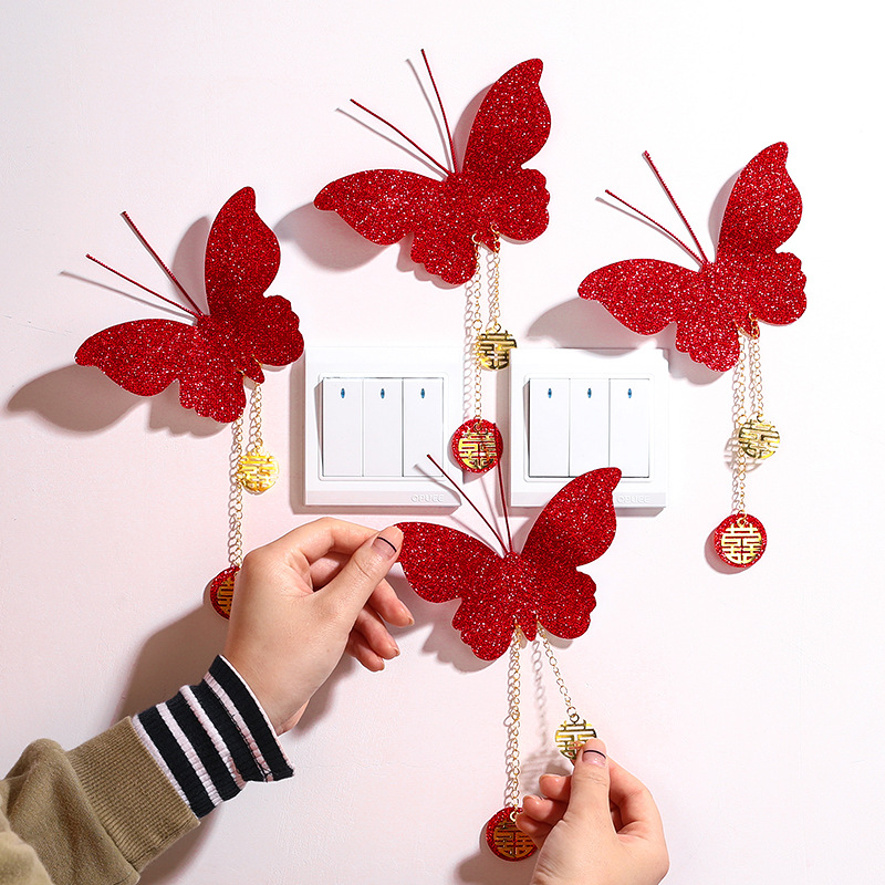 Wedding room decoration layout wedding supplies collection simulated happy word three-dimensional red butterfly bedroom switch sticker pendant