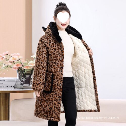 03 Women's Middle-Aged Winter Cotton Coat Overcoat Mother's Warm Cotton Padded Jacket with Fleece and Thick Hooded Cotton Quilted Workwear