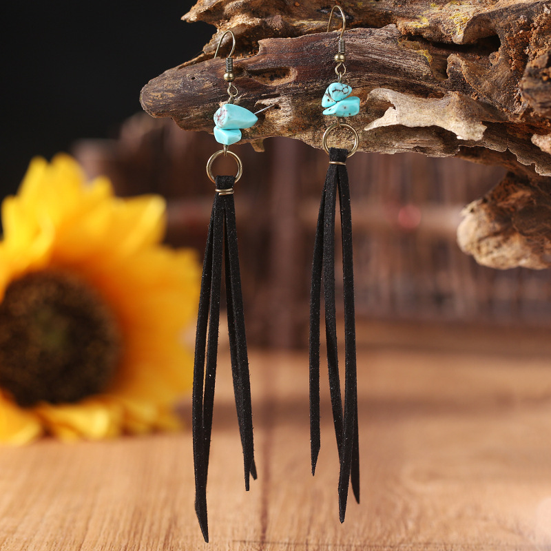 Retro Long Turquoise Leather Tassel Earrings Retro Personality