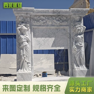 汉白玉石雕壁炉西方人物天使浮雕壁炉架别墅室内大理石壁炉定制