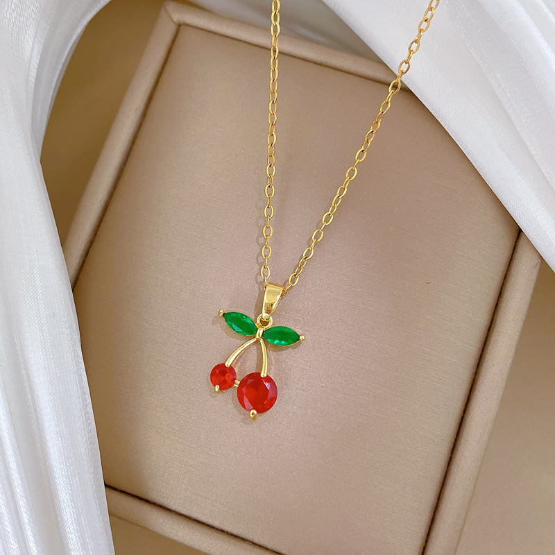 Red Cherry Fruit Necklace Diamond Luxury Clavicle Chain Jewelry_voghion.com