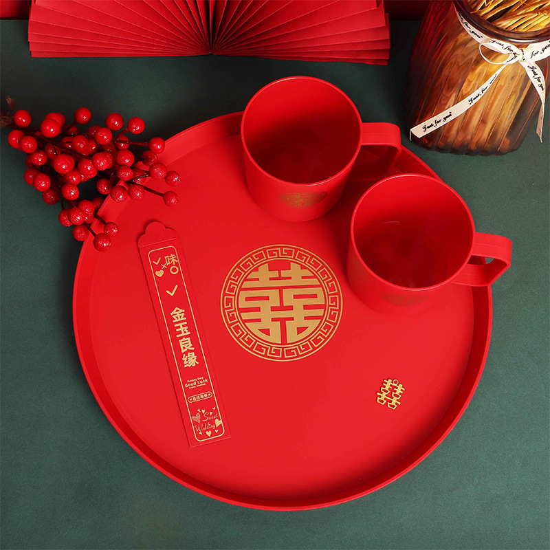 Wedding tray for toasting at marriage ceremony, red tray with candy dish, rectangular tea cup holder&mdash;complete set of wedding banquet and celebratory candy plates