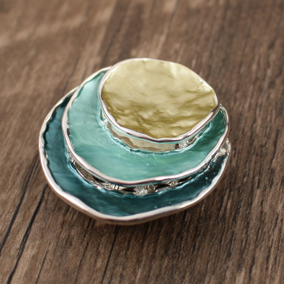 노란색-녹색 3 층 브로치 (두꺼운 실버)