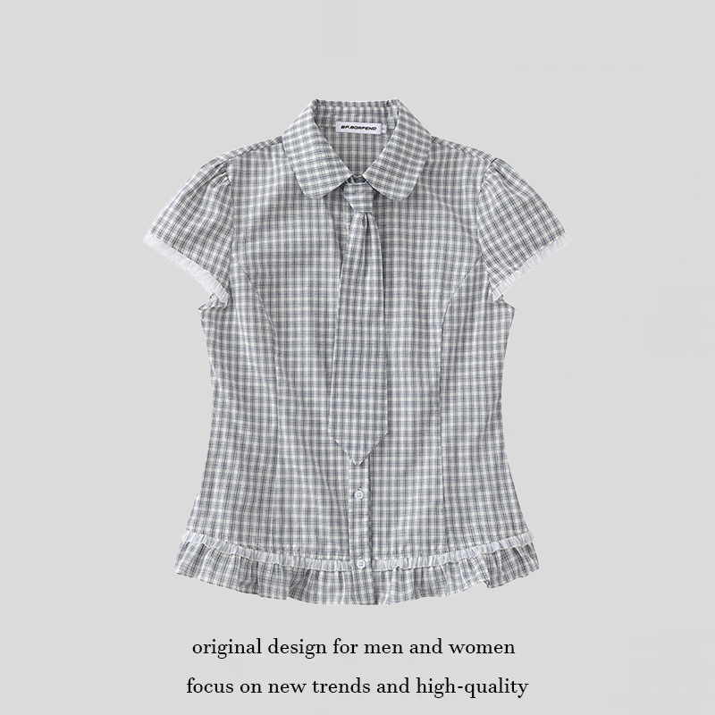 Korean-Style College Style Lace Patchwork Plaid Tie Short-Sleeved Shirt for Women Summer New Style Waist-Slimming Right-Shoulder Top