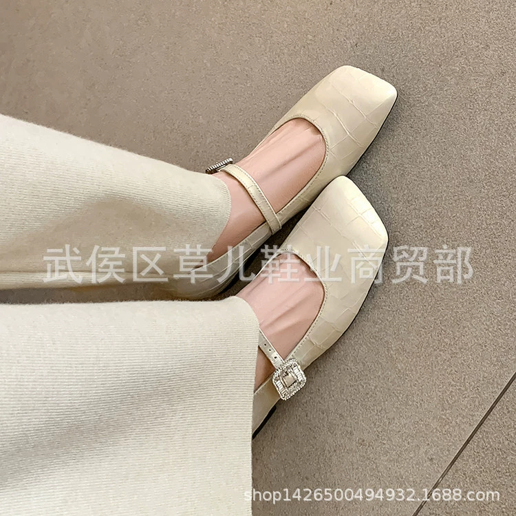 First layer cowhide Mary Jane shoes for women's inner height-enhancing single shoes new retro square head one-shaped buckle flat heel shallow mouth single shoes