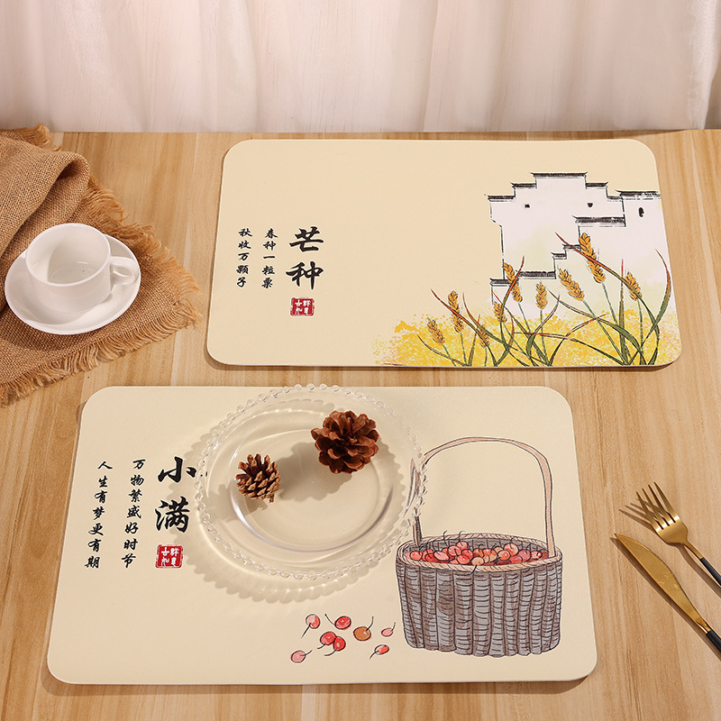 24 Solar Term Printed Chinese Style Placemat Western Placemat PU Leather Dining Table Insulation Mat Household Guofeng Hotel Tableware Mat