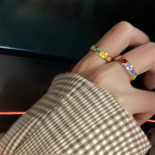 Korean retro rainbow love open ring Internet celebrity girl wind drop oil paint ring round geometric ring
