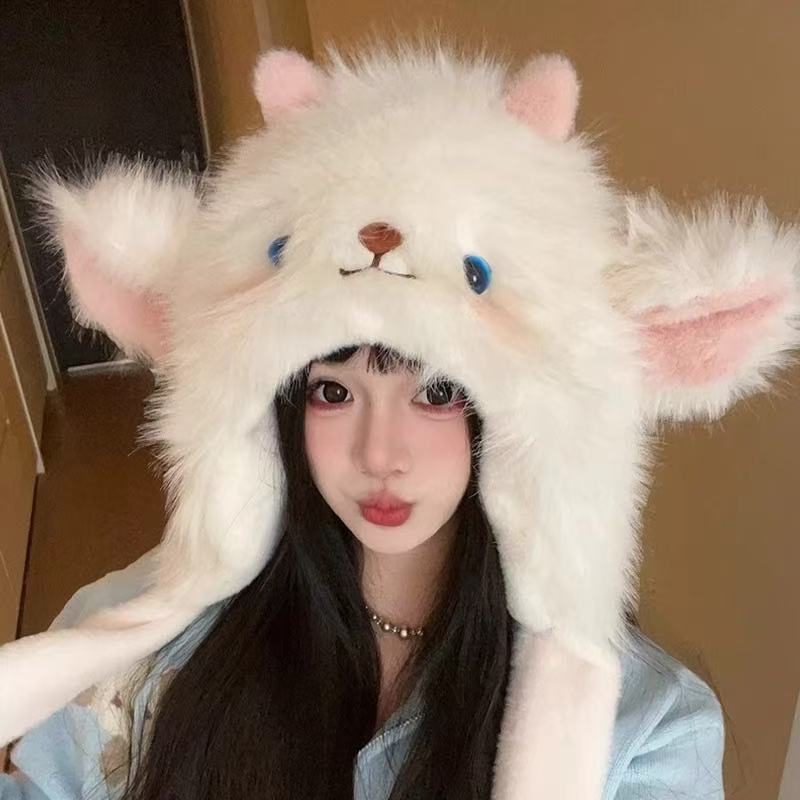 新款卡通小羊加绒加厚毛线帽子女保暖捏捏耳朵会动护耳帽防寒帽子|undefined