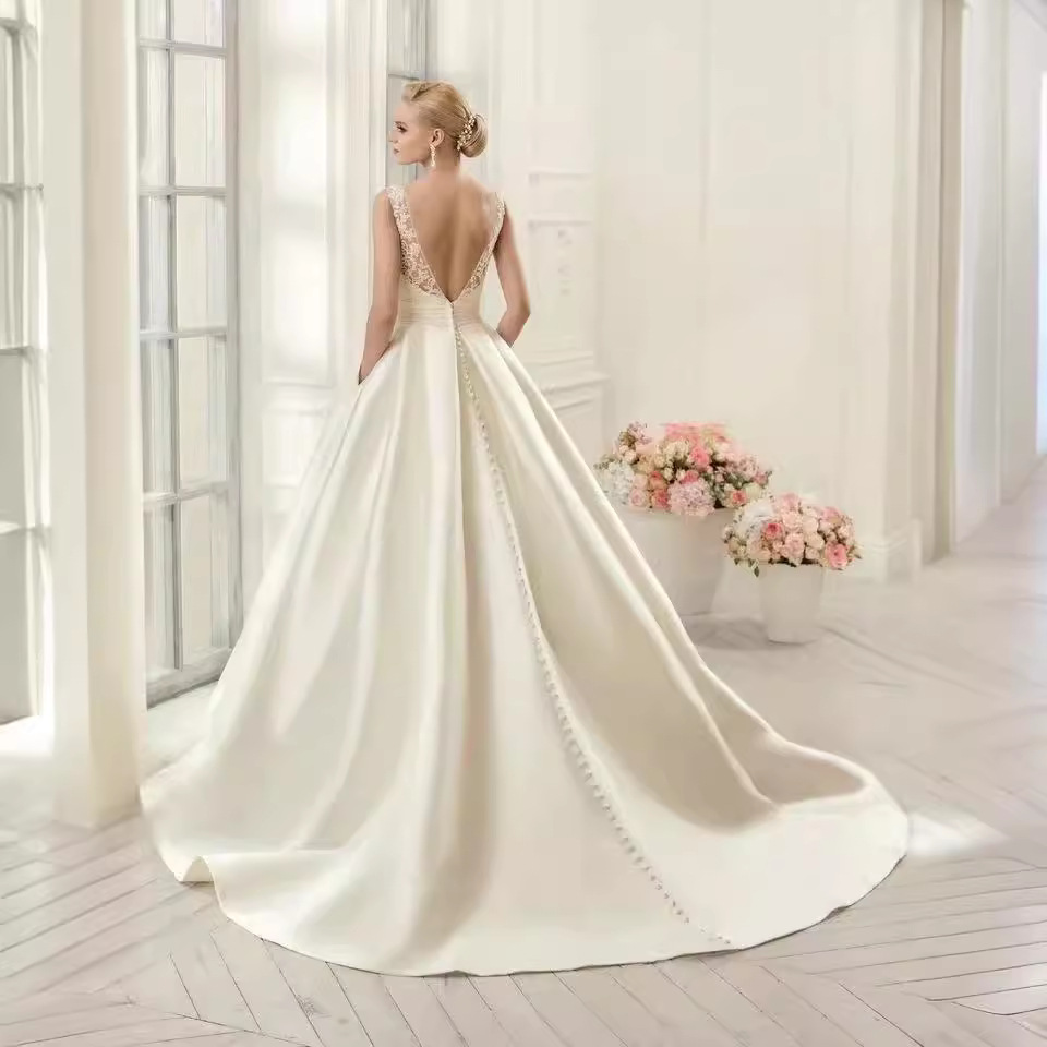 Europa y América del comercio exterior Amazon AliExpress deseo estación independiente nuevo encaje cuello redondo largo arrastre temperamento vestido de novia