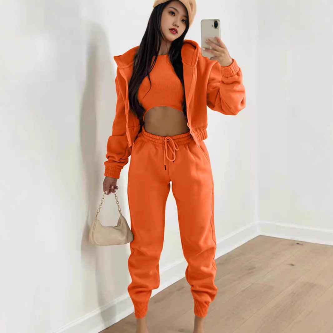 Pantalones largos de tres piezas para mujer, estilo europeo y americano, con forro polar, sudadera con capucha, moda deportiva informal de invierno_voghion.com