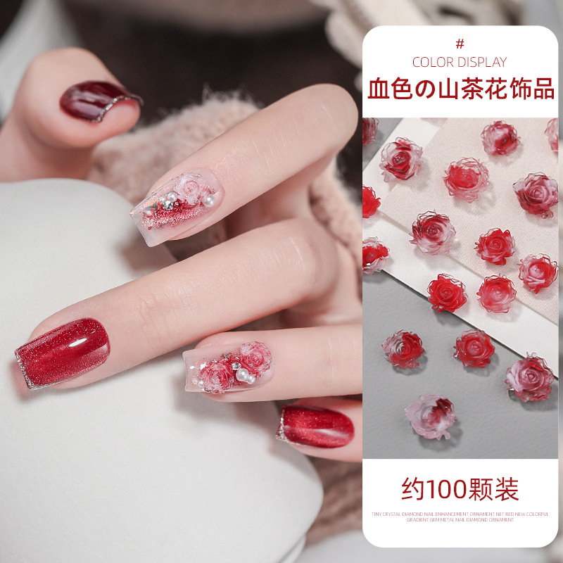 Noche oscura rosa camelia joyería de uñas rojo tridimensional flor caramelo rosa internet celebridad accesorios de uñas diamante al por mayor