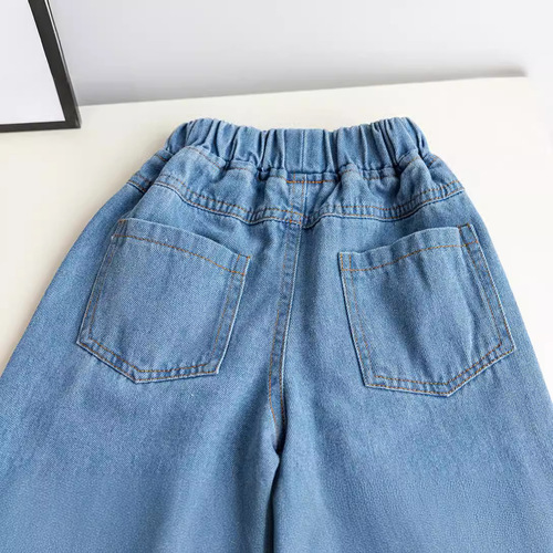 Spring Children's Cartoon Print Teddy Bear 2024 Korean New Style Fashionable and Versatile Wide Leg Straight Through Jeans for Girls 