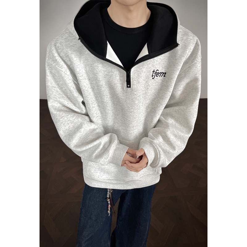 Felpa con cappuccio e mezza zip ricamata in stile americano da uomo, marca di tendenza autunnale, cotone pesante 400 g, stile streetwear alla moda per uomo_voghion.com