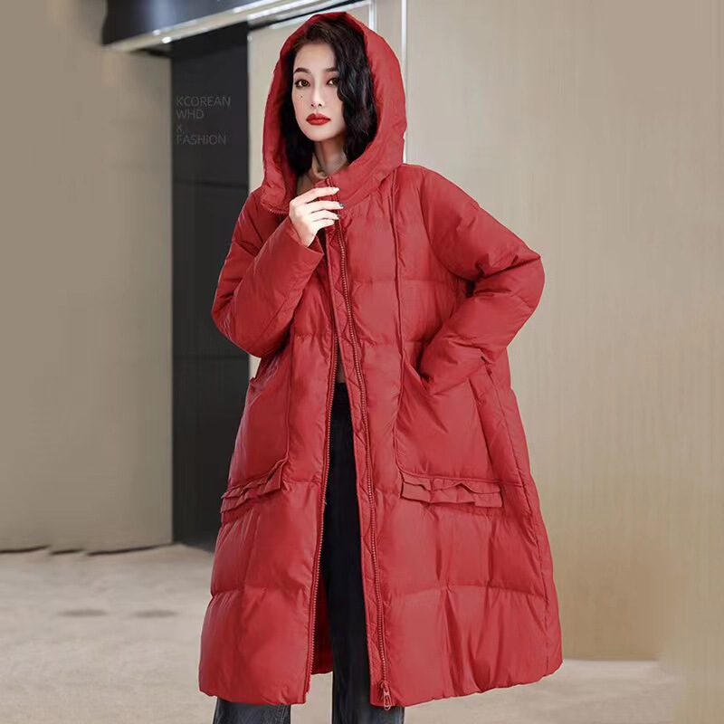 Simple high-end large pocket down jacket for Women New Fashion big brand loose mid-length white duck down plus size chubby girl