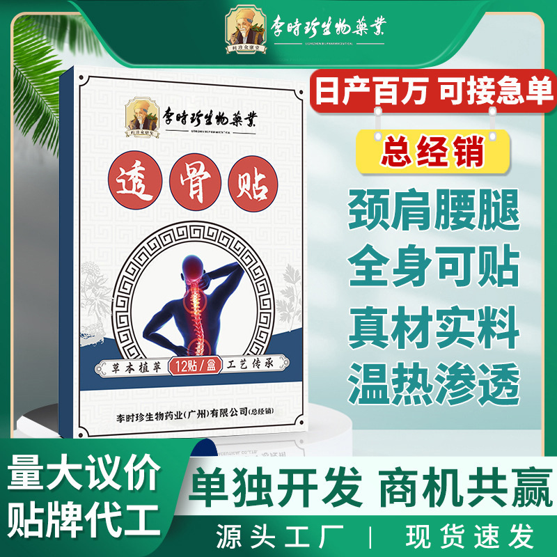 Li Shizhen Pharmaceutical's Panax notoginseng bone-penetrating plaster, cervical spine plaster, lumbar spine plaster, knee and shoulder plaster, joint plaster, moxibustion plaster, and mugwort plaster.