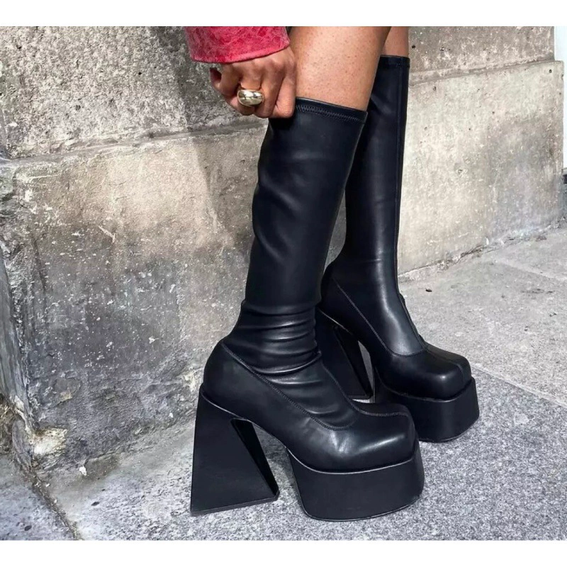 2022 Внешняя торговля осень-зима Новые сексуальные короткие сапоги на толстом каблуке с квадратным носком женские эластичные сапоги с квадратным носком Водонепроницаемая платформа супер высокий каблук