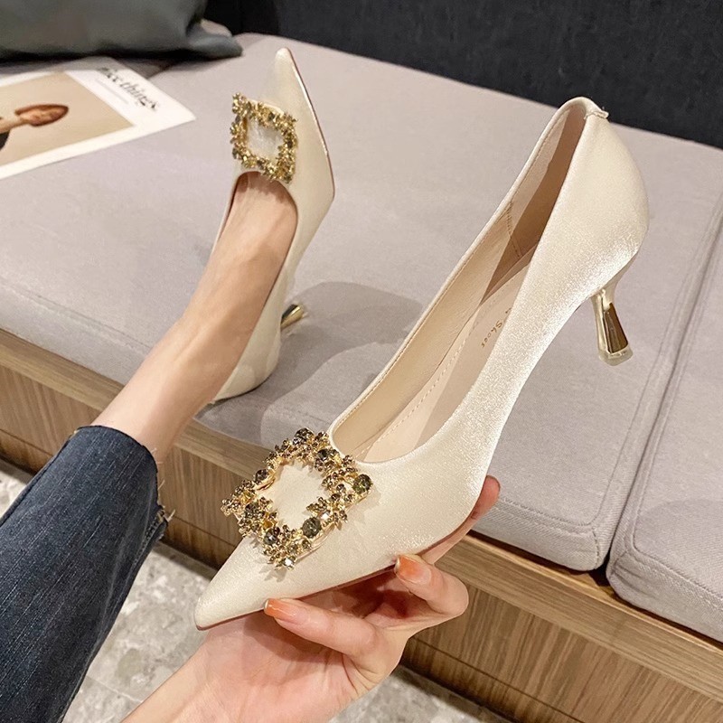 2025 Autumn New Style Pointed Toe Square Buckle Rhinestone Stiletto Heel Versatile Elegant Slip-On High Heels To Match_vogvips.com