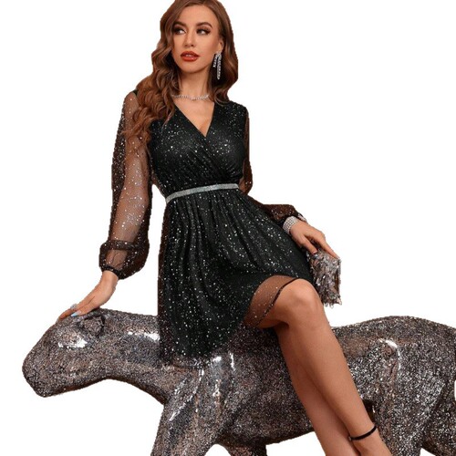 Best-selling sequined long-sleeved mesh V-neck dress, available on 1688 across Europe and the U.S.