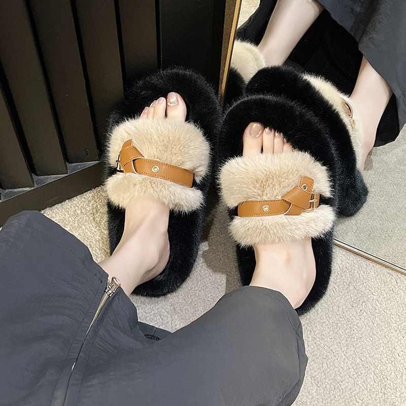 Plush Velvet Adjustable Open-Toe Spring Winter Indoor Thermal Comfortable Machine Washable Indoor Shoes House Shoes_voghion.com